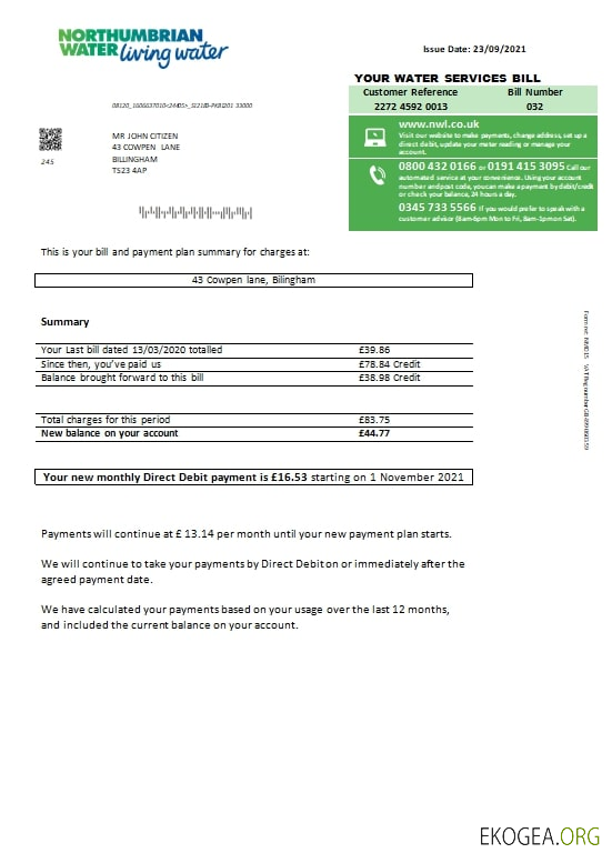 United Kingdom Northumbrian Water utility bill template in Word and PDF format, version 1